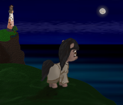 Size: 700x600 | Tagged: safe, artist:willhart, derpibooru import, eva rosalene, lighthouse, moon, ponified, solo, to the moon