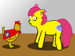 Size: 800x598 | Tagged: safe, apple bloom, chicken, cape, clothes, cutie mark crusaders