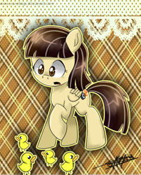 Size: 2480x3070 | Tagged: safe, artist:irunekagi, derpibooru import, wild fire, oc, duck, pegasus, pony, duckling, female, mare, ponysona, raised hoof, signature, solo, that pony sure does love ducks