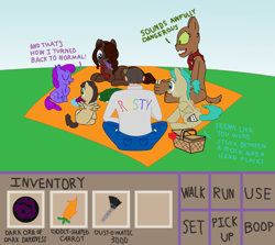 Size: 1186x1058 | Tagged: safe, artist:mightyshockwave, oc, oc only, oc:renne crux, oc:saffron, adventure game, boop, comedian quest, faceless jr, facelessjr, female diamond dog, lk, mlpg, my little pony general, picnic, point and click, pony quest, puffs, puffs quest, quest, raisin, raisin quest, renne quest, roleplaying, rusty, rusty quest, scrubbing bubbles, windbreaker