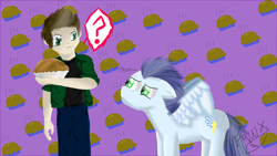 Size: 1024x578 | Tagged: safe, artist:feathertail6345, derpibooru import, soarin', human, dean winchester, pie, that pony sure does love pies