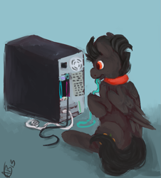 Size: 779x863 | Tagged: safe, artist:weepysheep, derpibooru import, oc, oc only, pegasus, pony, commission, computer, dark pumpkin, dell, optiplex, solo