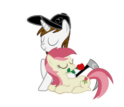 Size: 900x780 | Tagged: safe, artist:mibevan, derpibooru import, roseluck, oc, pony, unicorn, canon x oc, ev b, hat