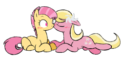Size: 1400x700 | Tagged: safe, artist:selective-yellow, candy mane, lily, lily valley, earth pony, pony, background pony, blushing, duo, female, flower, flower in hair, kiss on the cheek, kissing, lesbian, lily (flower), mare, prone, shipping, simple background, transparent background