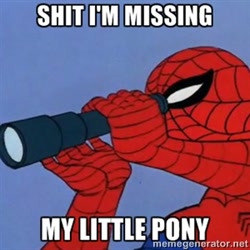 Size: 300x300 | Tagged: safe, derpibooru import, 60s spider-man, barely pony related, brony, image macro, impact font, meme, solo, spider-man, vulgar