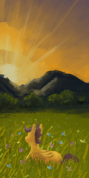 Size: 600x1200 | Tagged: dead source, safe, artist:celestiawept, scootaloo, pegasus, pony, flower field, grass, grass field, looking away, looking up, mountain, prone, sunset