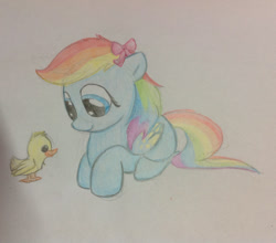 Size: 953x838 | Tagged: safe, artist:bristlestream, derpibooru import, oc, oc only, oc:skittles, duck, duckling, magical lesbian spawn, offspring, parent:fluttershy, parent:rainbow dash, parents:flutterdash, solo, traditional art