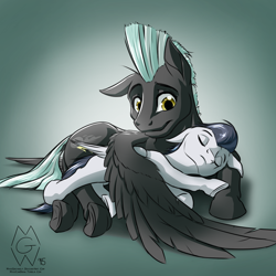 Size: 2000x2000 | Tagged: safe, artist:mykegreywolf, rumble, thunderlane, pegasus, pony, brotherly love, brothers, colt, cute, eyes closed, floppy ears, fluffy, gradient background, hug, lying down, male, on side, prone, rumblebetes, sleeping, smiling, sploot, stallion, underhoof, winghug