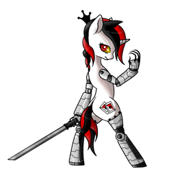 Size: 894x894 | Tagged: safe, artist:shark-sheep, derpibooru import, oc, oc only, oc:blackjack, cyborg, pony, unicorn, fallout equestria, fallout equestria: project horizons, crown, level 1 (project horizons), solo, sword