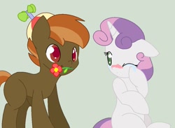 Size: 1039x762 | Tagged: safe, artist:longtail448, derpibooru import, button mash, sweetie belle, blushing, crying, cute, diasweetes, female, flower, flower in mouth, male, mouth hold, shipping, straight, sweetiemash