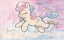 Size: 1069x667 | Tagged: safe, artist:slightlyshade, bon bon, sweetie drops, hay pizza, pizza, rain, solo, traditional art