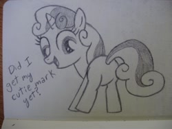 Size: 640x480 | Tagged: safe, artist:thisnameisnotprofane, derpibooru import, sweetie belle, plot, solo, traditional art