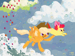 Size: 1200x891 | Tagged: safe, artist:cygaj, apple bloom, oc, pegasus, pony, apple, cloud, cloudy