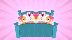 Size: 1280x720 | Tagged: safe, derpibooru import, edit, edited screencap, screencap, apple bloom, scootaloo, sweetie belle, stare master, bed, covering ears, cutie mark crusaders, mirrored, multeity, singing, the fun has been doubled, unitinu