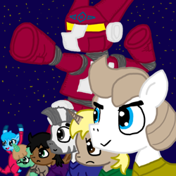 Size: 576x576 | Tagged: safe, artist:ficficponyfic, oc, oc only, oc:larkspur, deer, zebra, abioye, comic, cover, filchia, herb, huzzercarwhel, mecha, pileus