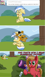 Size: 1281x2180 | Tagged: safe, artist:clouddg, strike, oc, oc:pun, bear, earth pony, pony, ask, ask pun, cannon, comic, confused, crossover, crying, female, filly, five nights at freddy's, floppy ears, fluffy, fredbear, freddy fazbear, golden freddy, open mouth, pun, question mark, rocket launcher, sitting, smiling, teddy bear, tumblr, visual pun, wide eyes