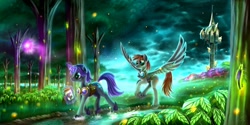 Size: 1600x800 | Tagged: safe, artist:pyrestorm, oc, oc only, firefly (insect), pegasus, pony, unicorn, duo, forest, goggles, jar, magic, minecraft, river, scenery, splash, spread wings, stars, stream, telekinesis, tower, tree, wings