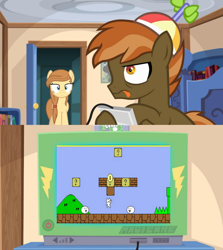 Size: 764x856 | Tagged: safe, artist:blackeningskies, derpibooru import, button mash, oc, ? block, brick block, button mash plays, cat mario, exploitable meme, meme, obligatory pony, super mario bros., syobon action, tv meme, video game