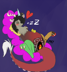 Size: 2600x2800 | Tagged: safe, artist:scottfraser, derpibooru import, discord, eris, blushing, chimney, cloud, femcord, fireplace, huge eris, nail polish, pregnant, rule 63, sleeping, zzz