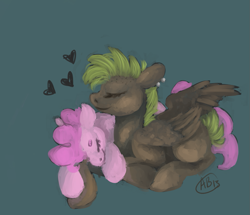 Size: 1075x926 | Tagged: safe, artist:weepysheep, derpibooru import, oc, oc only, oc:lazy day, oc:tuh pink avenger, pegasus, pony, commission, cuddling, cute, ear piercing, eyes closed, floppy ears, heart, piercing, prone, simple background, smiling