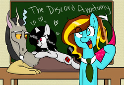 Size: 1125x768 | Tagged: safe, artist:riquis101, derpibooru import, discord, oc, oc:ilovekimpossiblealot, pegasus, pony, unicorn, classroom, heart