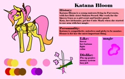 Size: 1024x651 | Tagged: safe, artist:oneiria-fylakas, oc, oc:katana bloom, pony, unicorn, engrish, female, mare, reference sheet, solo