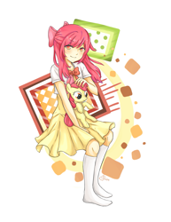 Size: 1781x2310 | Tagged: safe, artist:usarei, derpibooru import, apple bloom, clothes, dress, humanized, plushie, socks, solo