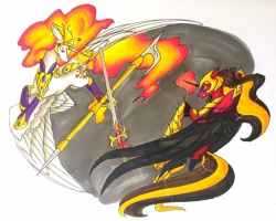 Size: 1024x819 | Tagged: safe, artist:oneiria-fylakas, daybreaker, oc, oc:oneiria fylakas, alicorn, pony, armor, magic, scythe, sword, traditional art, weapon