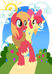 Size: 3508x4961 | Tagged: safe, artist:turrkoise, derpibooru import, apple bloom, big macintosh, earth pony, pony, brother and sister, duo, female, happy, male, siblings, stallion