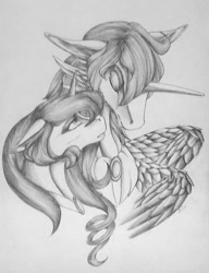 Size: 1024x1334 | Tagged: safe, artist:oneiria-fylakas, oc, oc only, oc:gaash, oc:ibath, original species, unicorn, braham, female, mare, monochrome, traditional art