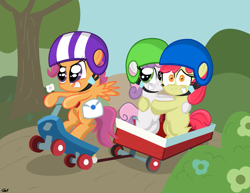 Size: 1107x855 | Tagged: safe, artist:daniel-sg, derpibooru import, apple bloom, scootaloo, sweetie belle, cutie mark crusaders, helmet, scared, scooter, wagon