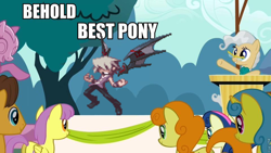 Size: 960x540 | Tagged: safe, derpibooru import, edit, edited screencap, screencap, caramel, carrot top, golden harvest, lemon hearts, mayor mare, parasol, the last roundup, behold, best pony, forced meme, gig, meme, soul nomad & the world eaters, sprite