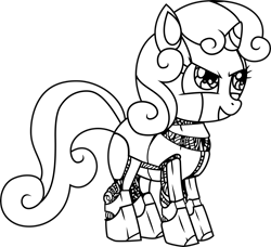 Size: 6000x5476 | Tagged: safe, artist:linaii, artist:powerpuncher, sweetie belle, sweetie bot, pony, robot, unicorn, absurd resolution, black and white, female, filly, grayscale, hooves, horn, monochrome, simple background, smiling, solo, teeth, transparent background, vector