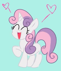 Size: 365x423 | Tagged: safe, artist:nmnkgskds, derpibooru import, sweetie belle, pony, unicorn, blank flank, blue background, eyes closed, female, filly, heart, open mouth, pixiv, simple background, solo