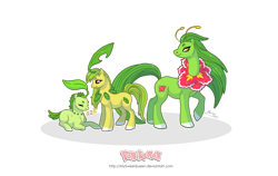 Size: 1280x807 | Tagged: safe, artist:almairis, derpibooru import, plant pony, bayleef, chikorita, evolution chart, family, female, mare, meganium, pokémon, ponified, ponymon, simple background, transparent background, trio