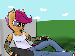 Size: 1600x1200 | Tagged: safe, artist:avengedplatypus, derpibooru import, scootaloo, anthro, skateboard, solo