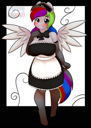 Size: 1125x1575 | Tagged: safe, artist:kloudmutt, oc, oc only, oc:cyclonespynn, anthro, pegasus, unguligrade anthro, blushing, clothes, heterochromia, maid, solo, stockings