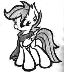 Size: 600x680 | Tagged: safe, artist:bronycurious, derpibooru import, scootaloo, clothes, grayscale, monochrome, scarf, sketch, solo, traditional art