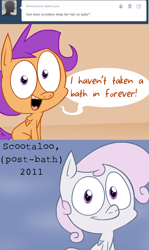 Size: 644x1080 | Tagged: safe, artist:dinnerjoe, derpibooru import, scootaloo, ask the koolsaders, bathing, tumblr