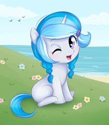 Size: 2731x3126 | Tagged: safe, artist:askbubblelee, oc, oc only, oc:bubble lee, pony, unicorn, adorable face, beach, blank flank, cute, female, filly, ocbetes, pigtails, solo, wink, younger