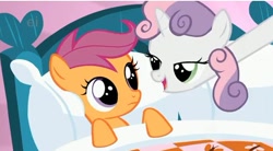 Size: 636x351 | Tagged: safe, derpibooru import, screencap, scootaloo, sweetie belle, stare master, bed, hush now quiet now, lidded eyes, long neck, long pony, out of context, stretching, sweetie giraffe
