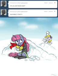 Size: 900x1169 | Tagged: safe, artist:willdrawforfood1, derpibooru import, surprise, oc, oc:velvet, pegasus, pony, unicorn, g1, ask, ask surprise, clothes, duo, g1 to g4, generation leap, scarf, skirt, snow, snowball, snowball fight, tumblr, winter
