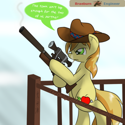 Size: 1280x1280 | Tagged: safe, artist:lightningnickel, braeburn, pony, bipedal, gun, smoking, team fortress 2