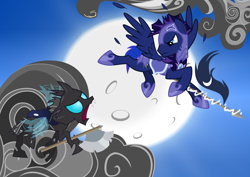 Size: 4241x3000 | Tagged: safe, artist:abydos91, derpibooru import, oc, oc only, changeling, axe, cloud, cloudy, fight, moon, spear