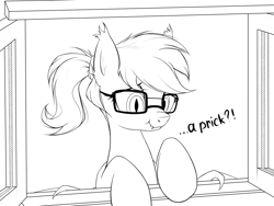 Size: 1600x1200 | Tagged: safe, artist:xn-d, derpibooru import, oc, oc only, oc:mosina, bat pony, pony, glasses, lineart, monochrome, ponytail, scrunchy face, solo