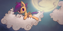 Size: 5002x2477 | Tagged: safe, artist:jggjqm522, derpibooru import, scootaloo, cloud, cloudy, cute, cutealoo, looking at you, moon, prone, sky, smiling, solo