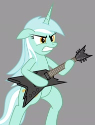 Size: 2289x2995 | Tagged: safe, artist:friendshipismetal777, lyra heartstrings, pony, unicorn, bipedal, electric guitar, floppy ears, gray background, gritted teeth, guitar, metal, simple background, solo