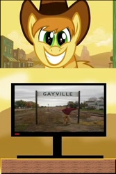 Size: 500x750 | Tagged: safe, derpibooru import, braeburn, exploitable meme, gay, gayville, male, meme, obligatory pony, sign, town, tv meme