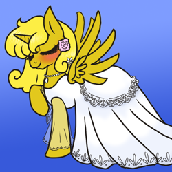 Size: 800x800 | Tagged: safe, artist:naomiknight17, derpibooru import, oc, oc only, oc:ticket, alicorn, pony, alicorn oc, clothes, dress, solo, wedding dress