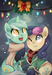 Size: 350x496 | Tagged: safe, artist:tsurime, bon bon, lyra heartstrings, sweetie drops, earth pony, pony, unicorn, adorabon, blushing, christmas lights, clothes, cute, female, happy, holly, holly mistaken for mistletoe, lesbian, looking up, lyrabetes, lyrabon, nuzzling, one eye closed, open mouth, scarf, shipping, sitting, smiling, snow, snowfall, wink